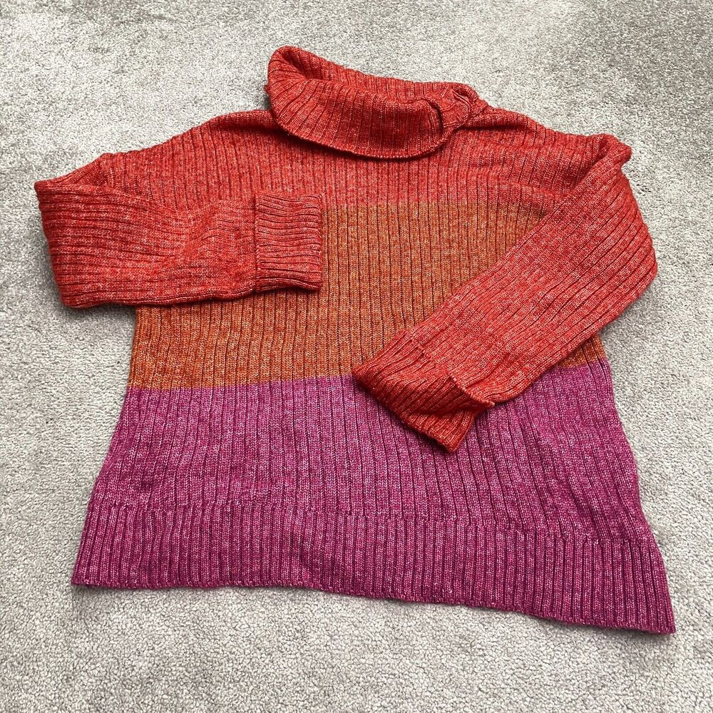 Democracy Cowl Neck Long Sweater Womens Large Orange Pink Striped Knit Casual